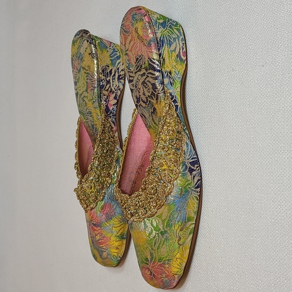 Vintage 1960's Oophies brocade slippers * gold multicolor * 7.5 N - Picture 5 of 11